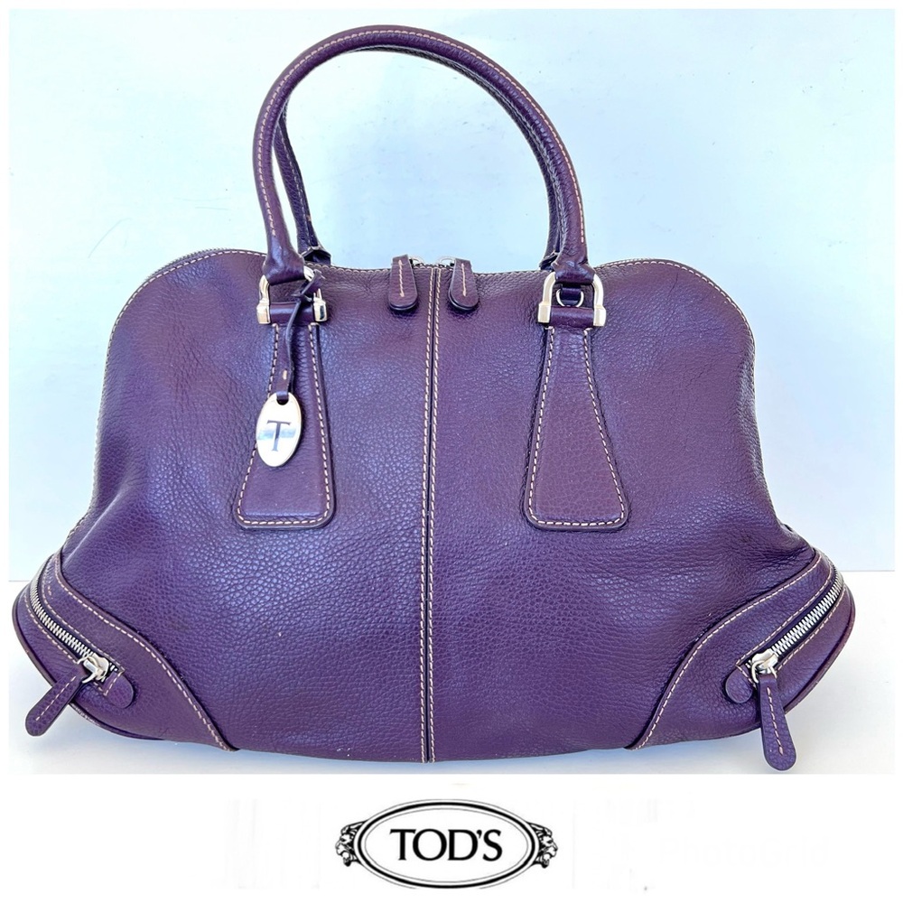 TOD’S Dark Purple Pebbled Leather Stitched Side Pockets Handbag Shoulder Bag